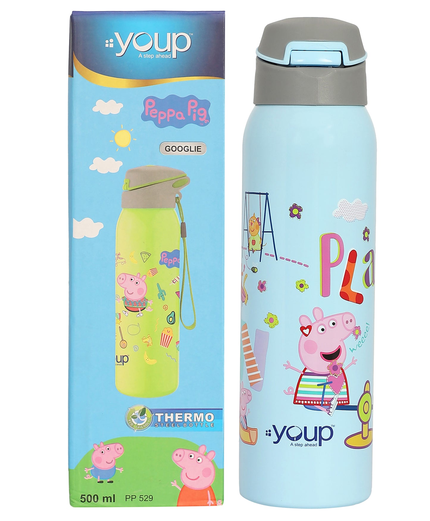 Youp Stainless Steel Blue Color Peppa Pig theme Kids Insulated Sipper Bottle GOOGLIE- 500 ml