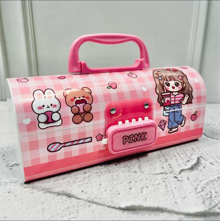 Invite Enterprise Kids Pen & Pencil Plastic Box-Suitcase Style Password Lock Pencil Case,Multi-Layer Pencil Box for Kids, Boys, Girls, Stationary Organizer Case for Kids(Pink-Beuty)
