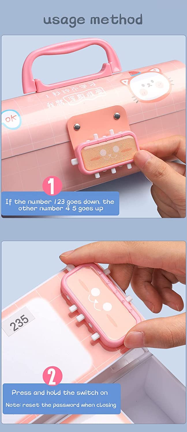 Compass Box with Lock Password, Pencil Case for School Girls & Boys, Suitcase Style Password Lock Pencil Case for School Students (Unicorn - Pink)