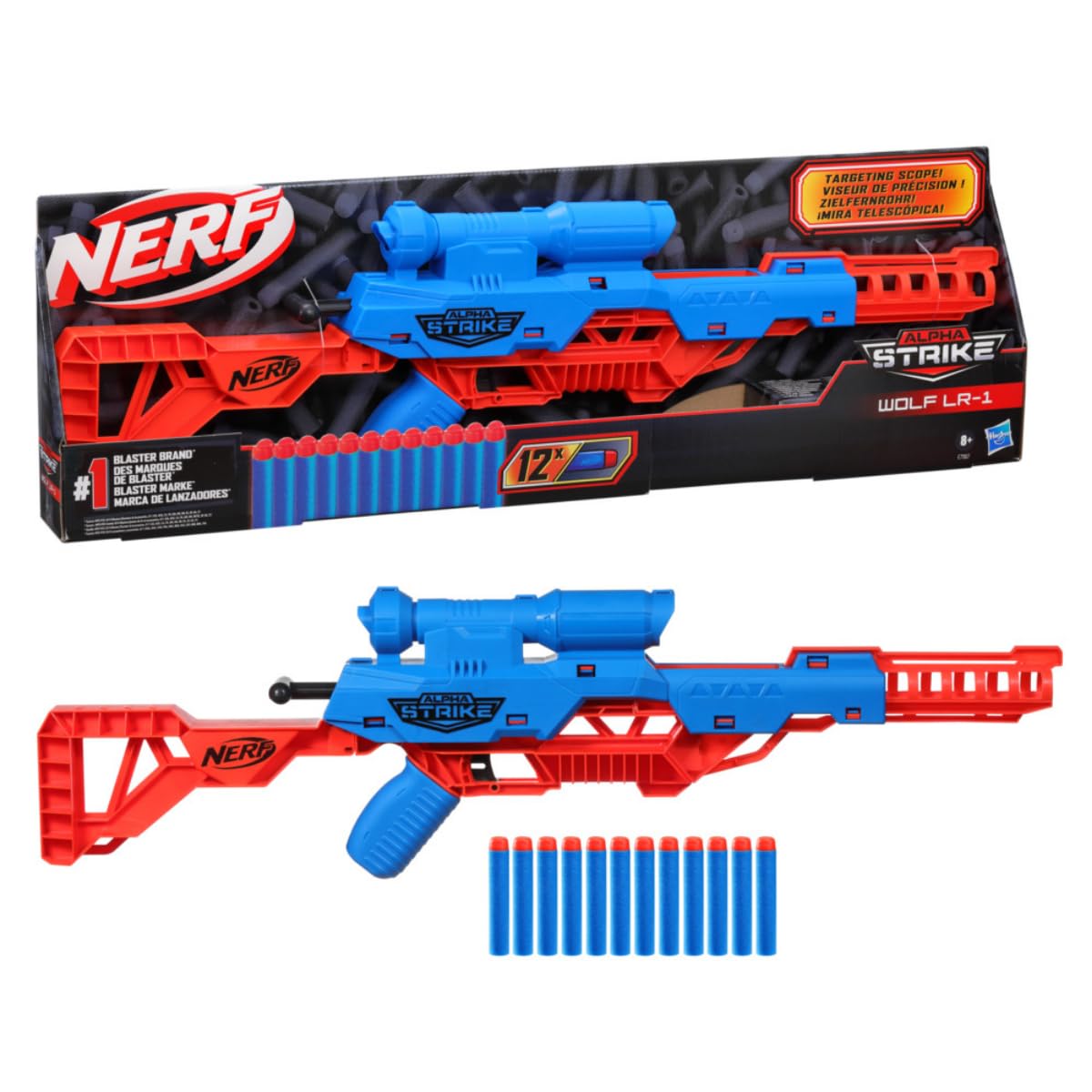 Nerf Alpha Strike Wolf LR-1 Blaster with Targeting Scope,12 Official Nerf Elite Darts, Easy Load-Prime-Fire, Toys for Kids,Teens and Adults, Outdoor Toy for Boys, Birthday Gift Toy for Kids Ages 8+