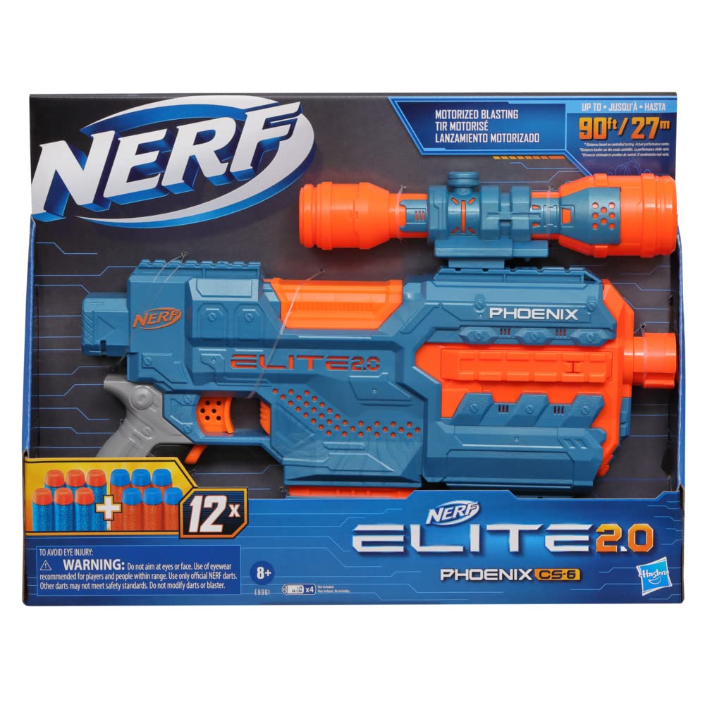 NERF Elite 2.0 Phoenix Cs-6 Motorized Blaster, 12 Darts, 6-Dart Clip, Scope, Tactical Rails, Multicolor