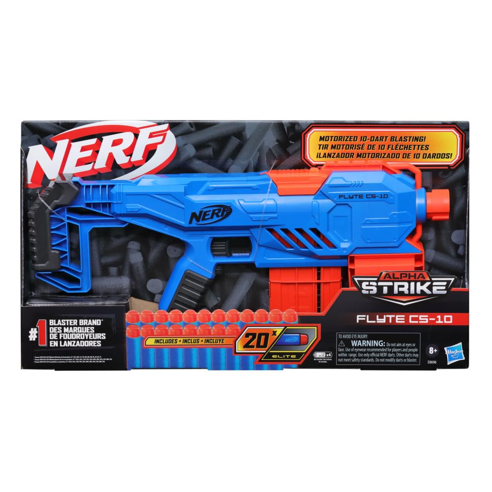 Nerf Alpha Strike Flyte CS-10 Motorised Blaster – 10-Dart Clip-Fed Blasting – 20 Official Nerf Elite Darts – Toys for Kids, Teens, Adults, Toys for Boys & Girls