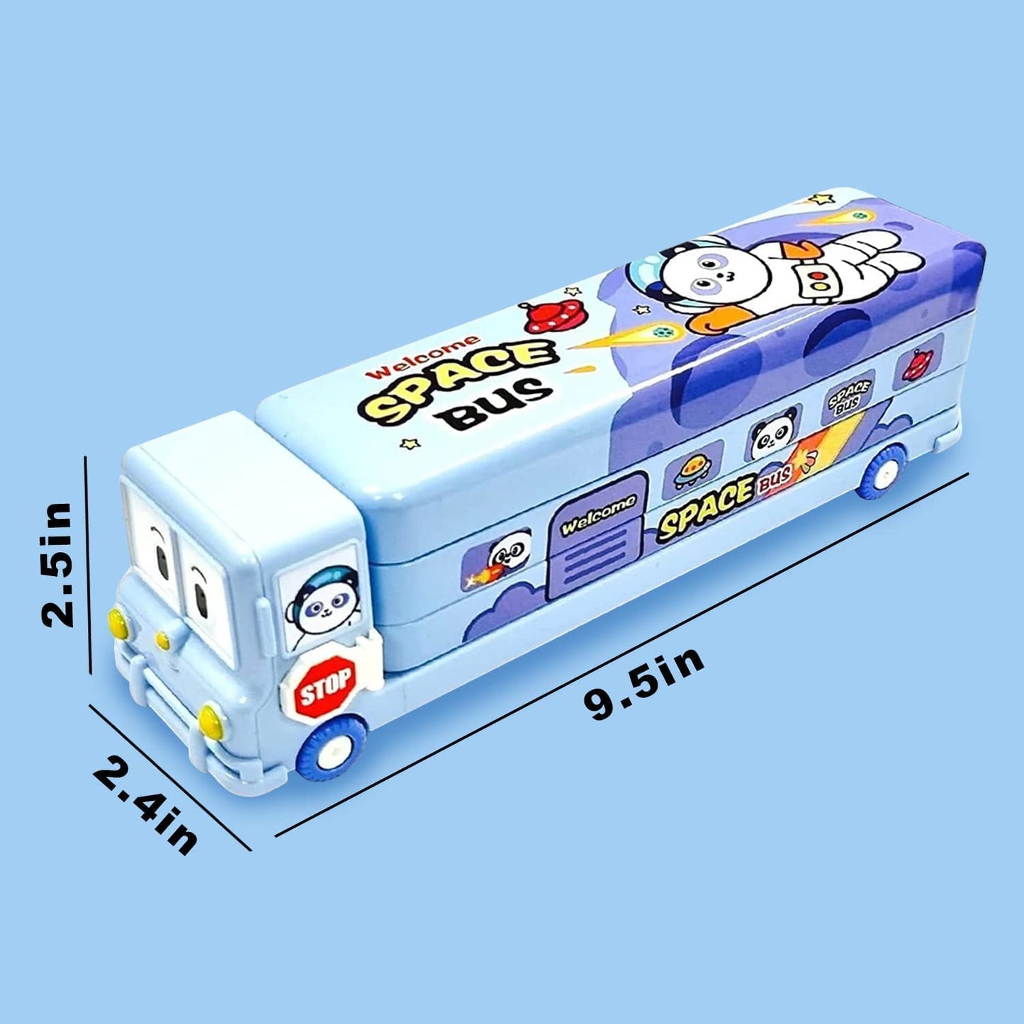 Kiddie Galaxia® Pencil Box Cartoon Printed School Bus Metal Double Decker Bus Shape Pencil Box for Kids with Moving Tyres & 3 Compartments Sharpener Geometry Case for Boys & Girls