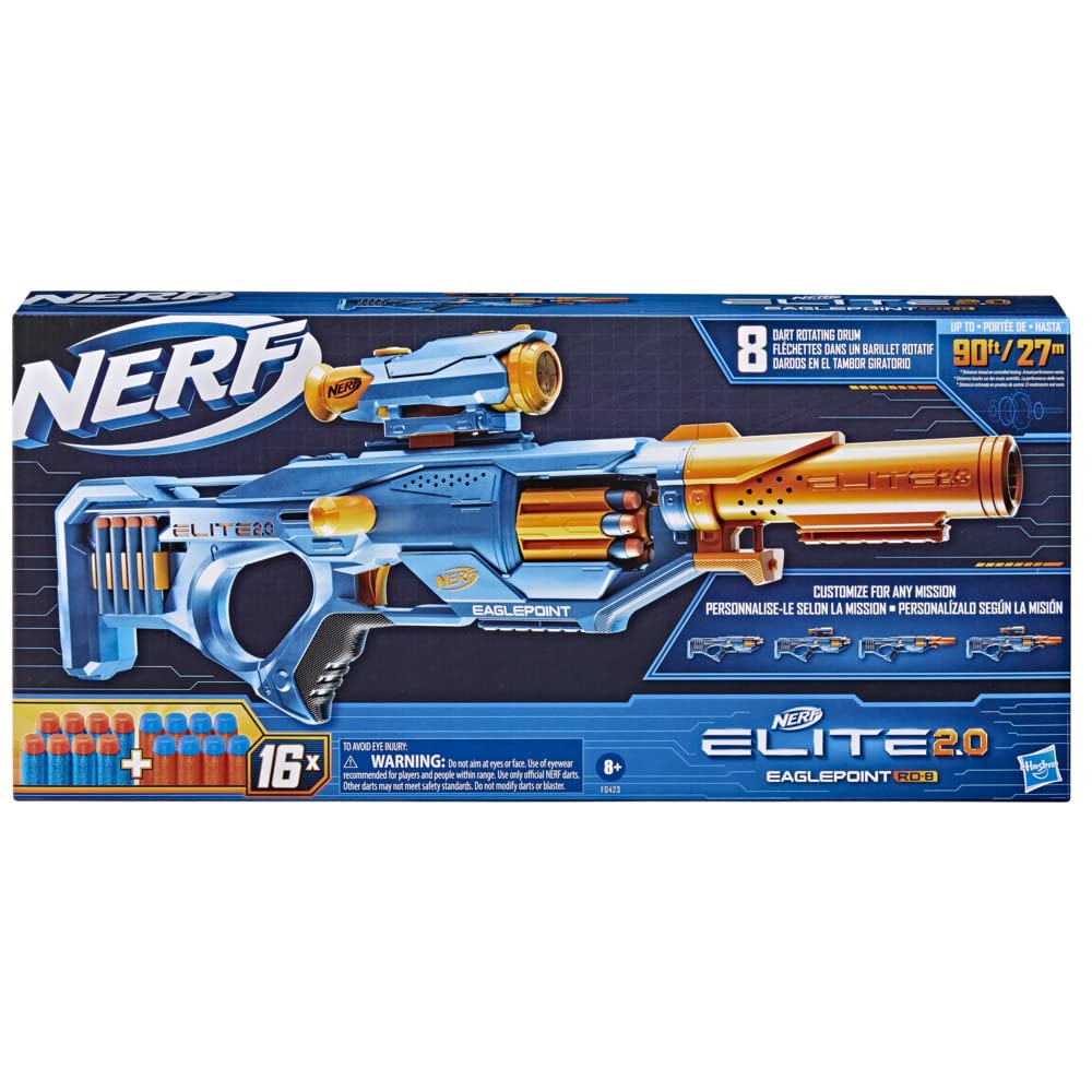 Nerf Elite 2.0 Eaglepoint RD-8 Blaster, 8-Dart Drum, Detachable Scope and Barrel, 16 Darts, Bolt Action, Multicolor
