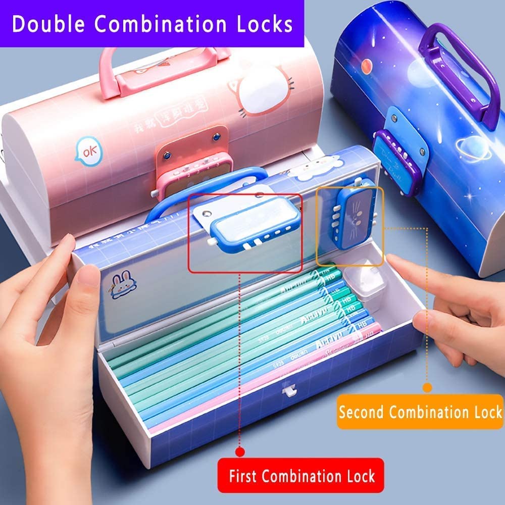 Invite Enterprise Kids Pen & Pencil Plastic Box-Suitcase Style Password Lock Pencil Case,Multi-Layer Pencil Box for Kids, Boys, Girls, Stationary Organizer Case for Kids(Pink-Beuty)
