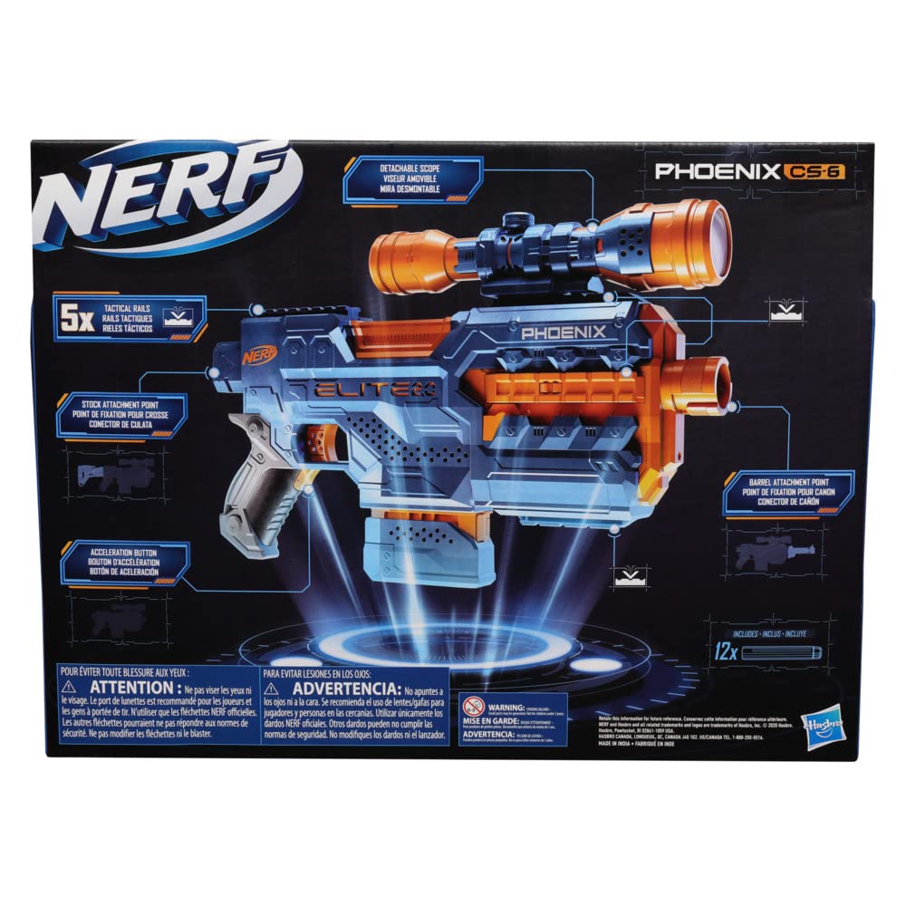 NERF Elite 2.0 Phoenix Cs-6 Motorized Blaster, 12 Darts, 6-Dart Clip, Scope, Tactical Rails, Multicolor