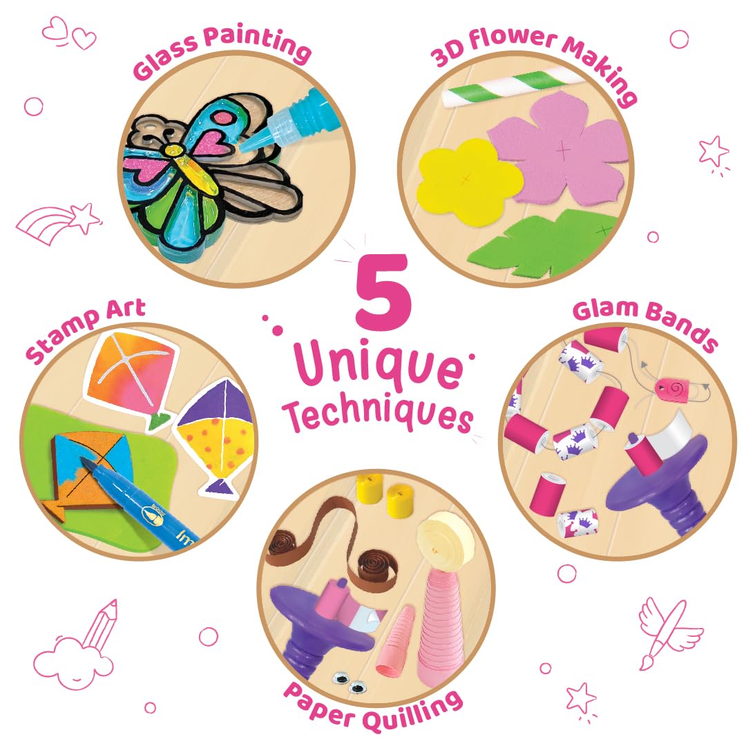 Imagimake Fabulous Craft Kit-Arts and Crafts for Kids ages 6-8-Suncatcher Kits for kids-Air Dry Clay, Paper Quilling Kit, Stamp for Kids- Princess, Unicorn Toys- Gifts for 5, 6, 7, 8, 9 Year Old Girls, Multicolour