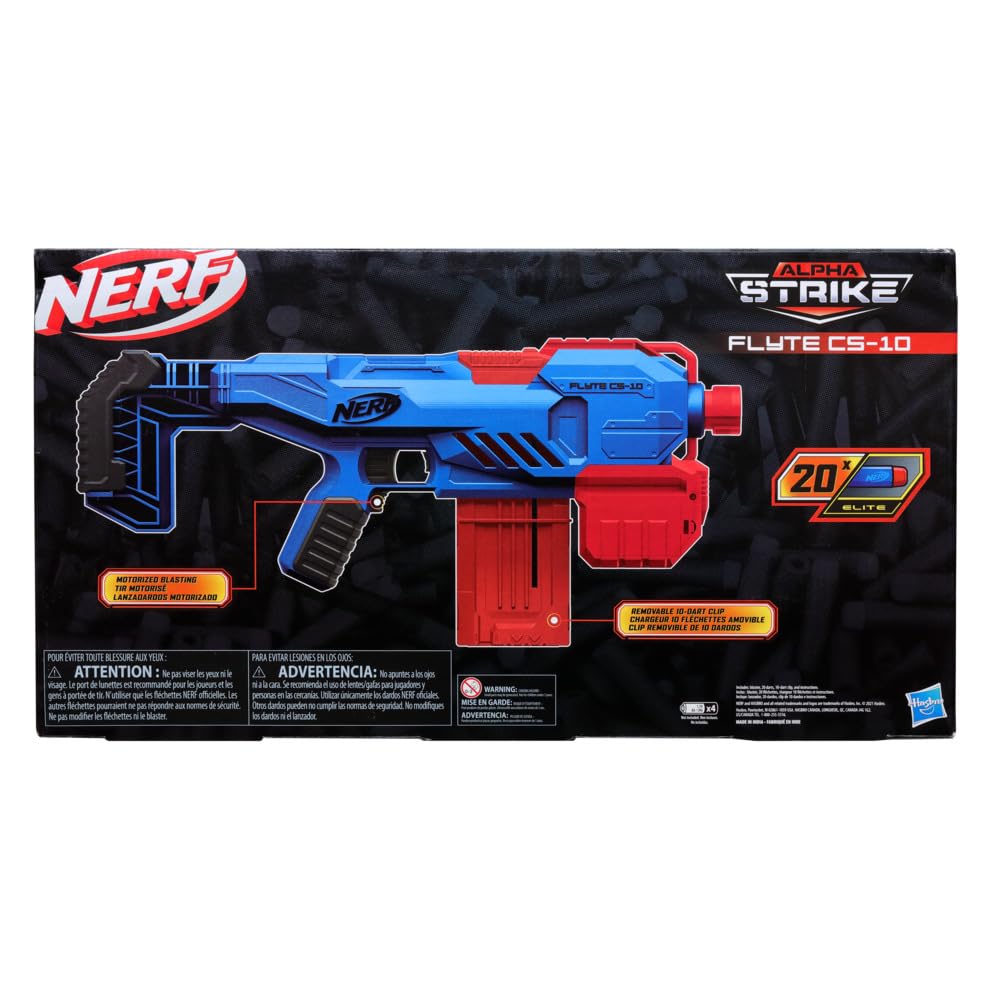 Nerf Alpha Strike Flyte CS-10 Motorised Blaster – 10-Dart Clip-Fed Blasting – 20 Official Nerf Elite Darts – Toys for Kids, Teens, Adults, Toys for Boys & Girls