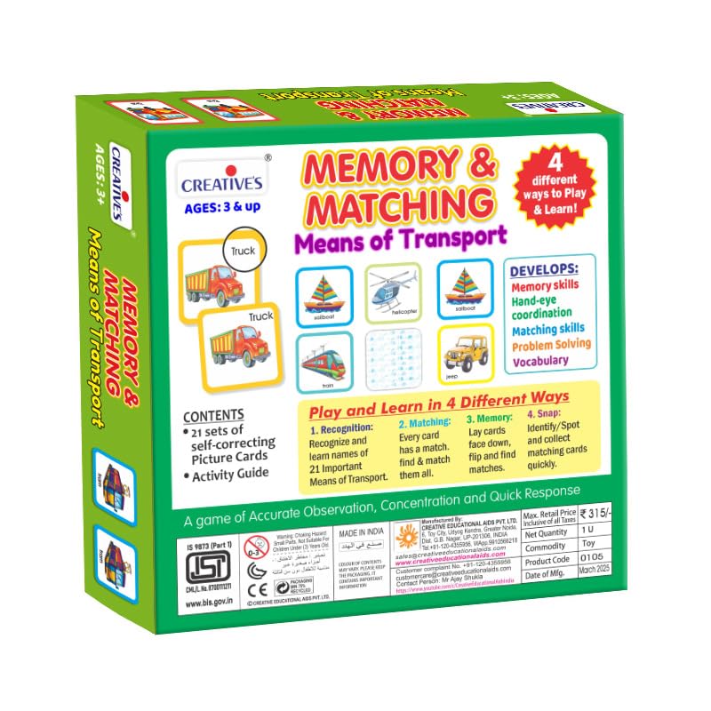 Creative’s Memory & Matching – Means of Transport | 21 Sets Self-Correcting Picture Cards + Activity Guide | Preschool Matching & Memory Card Game | Vocabulary Builder | Ages 3+