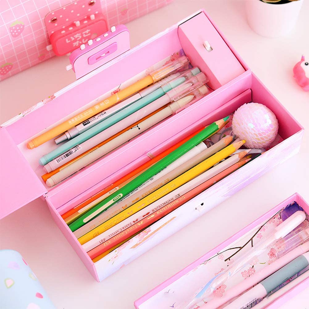 Compass Box with Lock Password, Pencil Case for School Girls & Boys, Suitcase Style Password Lock Pencil Case for School Students (Unicorn - Pink)