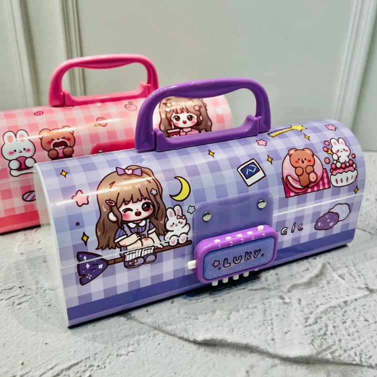 Invite Enterprise Kids Pen & Pencil Plastic Box-Suitcase Style Password Lock Pencil Case,Multi-Layer Pencil Box for Kids, Boys, Girls, Stationary Organizer Case for Kids(Pink-Beuty)