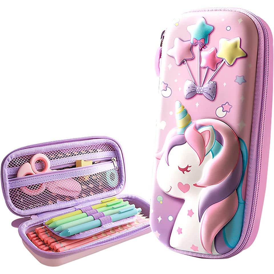 Sanghariyat® 3D Unicorn Pencil Case, Cute Large Capacity Pen Box for Girls, 3D EVA Stationery Box Pink Pencil Pouch Organizer with Compartments Cosmetic Zip Pouch Bag School Supplies for Kids Students