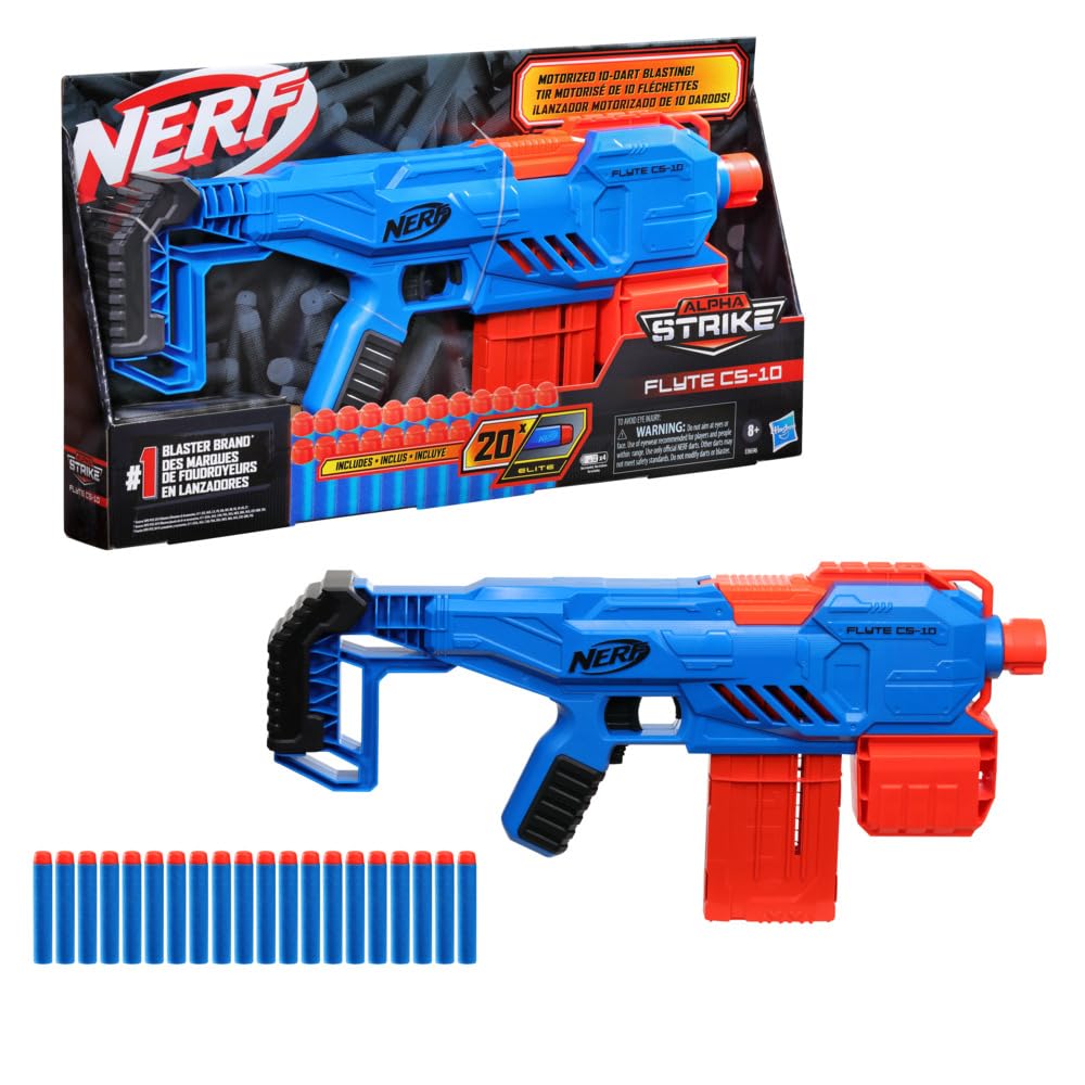 Nerf Alpha Strike Flyte CS-10 Motorised Blaster – 10-Dart Clip-Fed Blasting – 20 Official Nerf Elite Darts – Toys for Kids, Teens, Adults, Toys for Boys & Girls