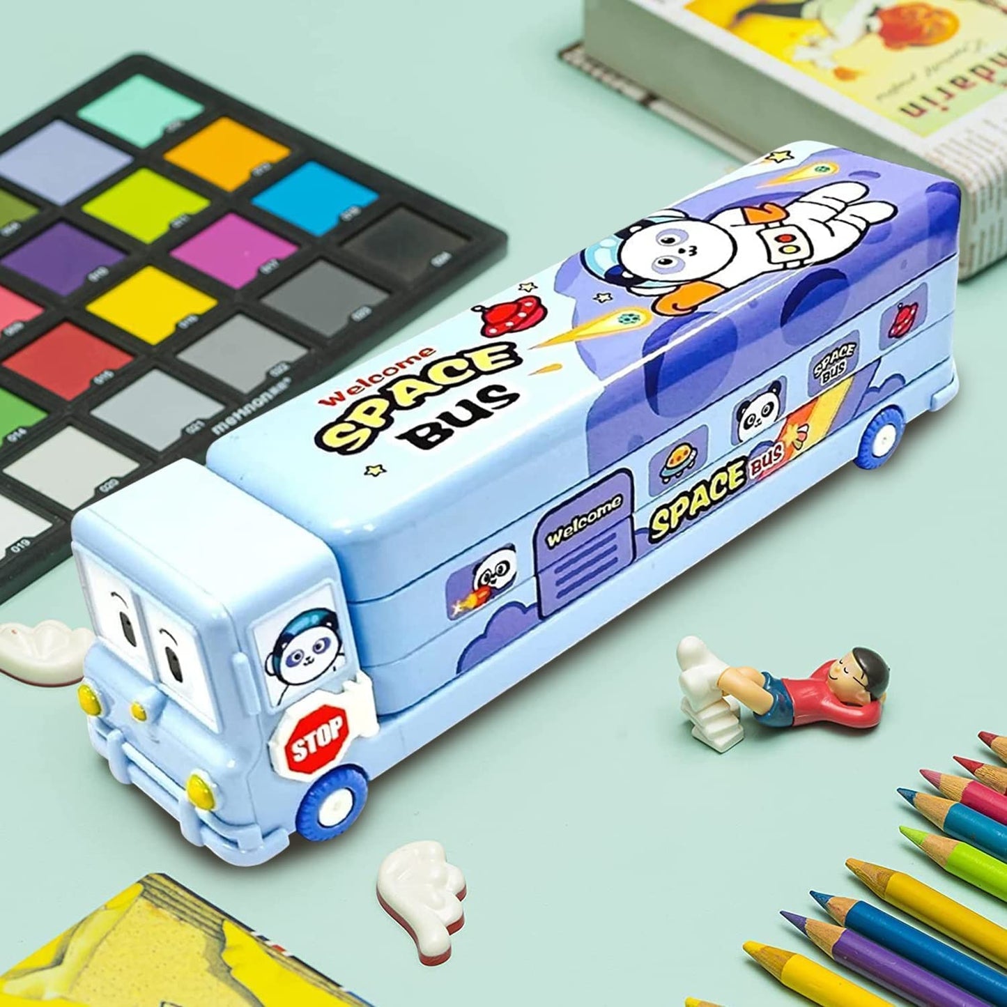 Kiddie Galaxia® Pencil Box Cartoon Printed School Bus Metal Double Decker Bus Shape Pencil Box for Kids with Moving Tyres & 3 Compartments Sharpener Geometry Case for Boys & Girls