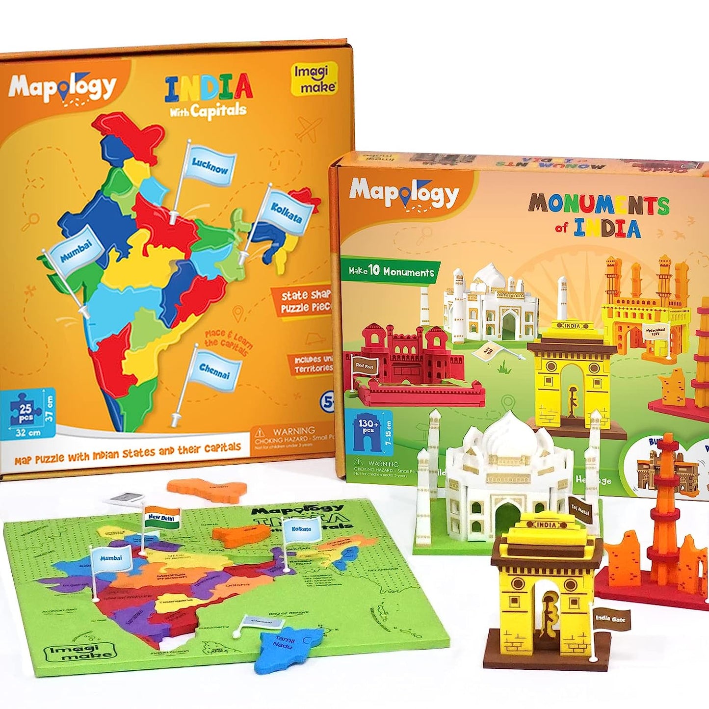 Imagimake Mapology Ultimate Indian Combo: India with Capitals Map Puzzle & Monument of India Construstion Set - Educational Toy for Kids Above 5 Years