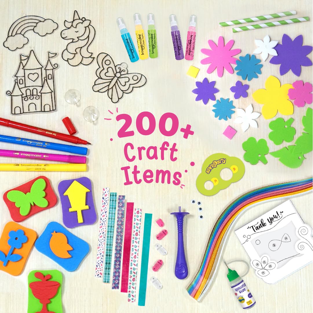 Imagimake Fabulous Craft Kit-Arts and Crafts for Kids ages 6-8-Suncatcher Kits for kids-Air Dry Clay, Paper Quilling Kit, Stamp for Kids- Princess, Unicorn Toys- Gifts for 5, 6, 7, 8, 9 Year Old Girls, Multicolour