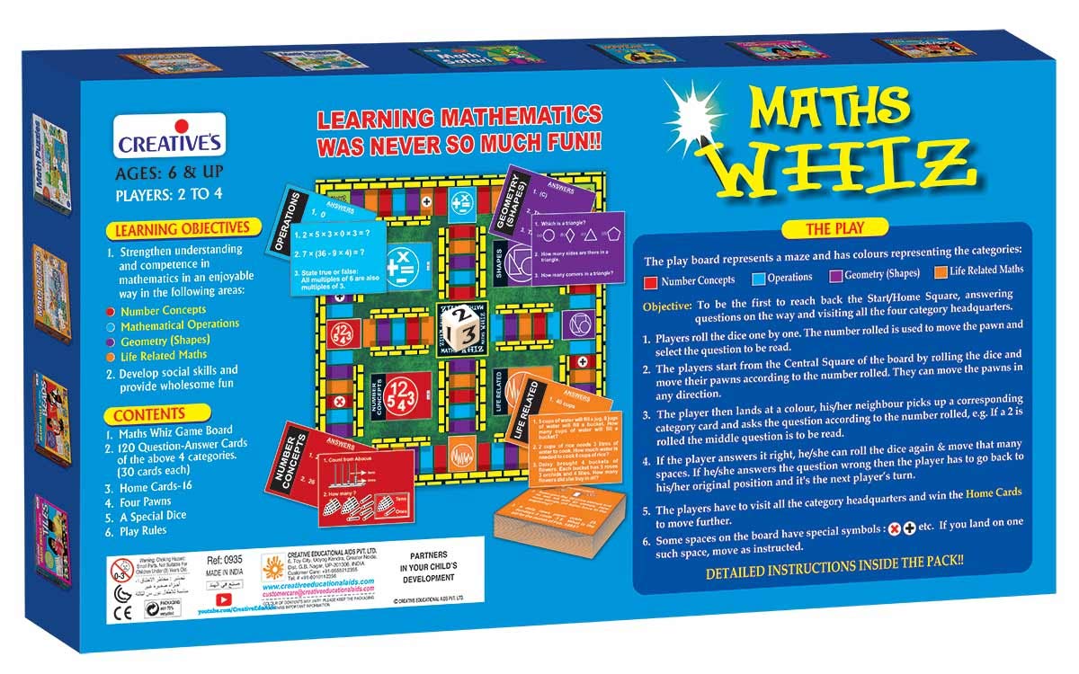 Creative's Maths Whiz Maths Board Game, 120 Q&A Cards, 4 Categories Number Concepts Operations Geometry Life Related Maths, 16 Home Cards 4 Pawns Dice, Educational Toys for Kids Ages 6+
