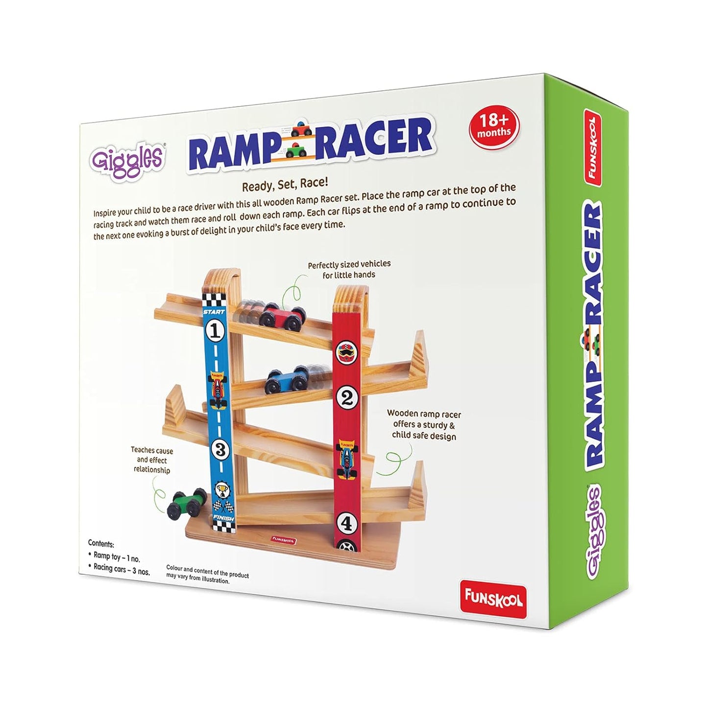 Funskool Giggles - Ramp Racer, Wooden Racing Toy with 3 Mini Cars, Fine Motor Skills, Free Wheeling Cars, 18 Months & Above, Preschool Toys