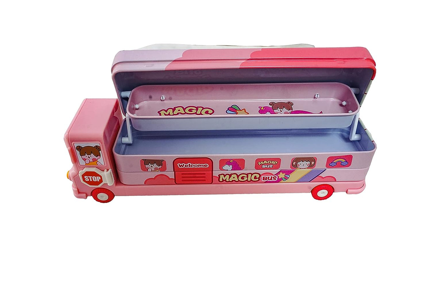 Roll over image to zoom in FUNVERSE® Compass Box for Kids - Magic Bus Shaped Compass Box for Kids with Wheels and Sharpener Metal - Pencil Pouch, Pencil Box for Kids (Pink)