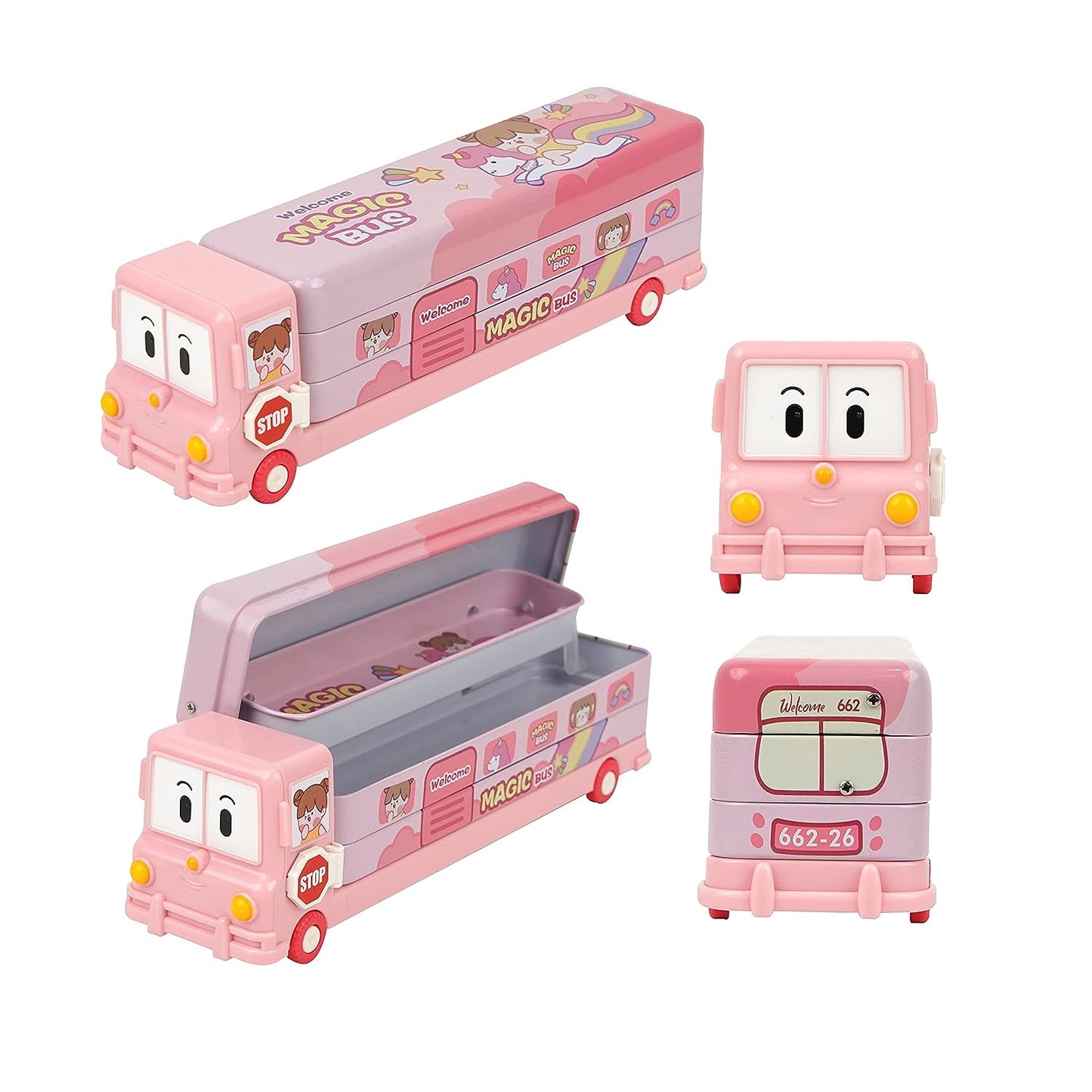 Roll over image to zoom in FUNVERSE® Compass Box for Kids - Magic Bus Shaped Compass Box for Kids with Wheels and Sharpener Metal - Pencil Pouch, Pencil Box for Kids (Pink)