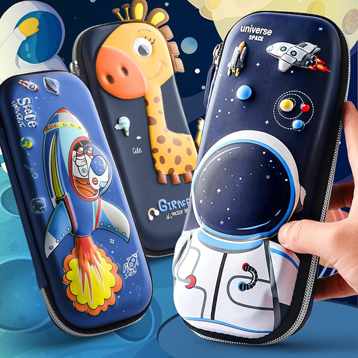 wolpin 1Pc 3D Pencil Case, Large Capacity Pencil Pouch Bag for Boys & Girls Students with Zip Closure Portable Stationery Bag Organizer EVA, Space Blue