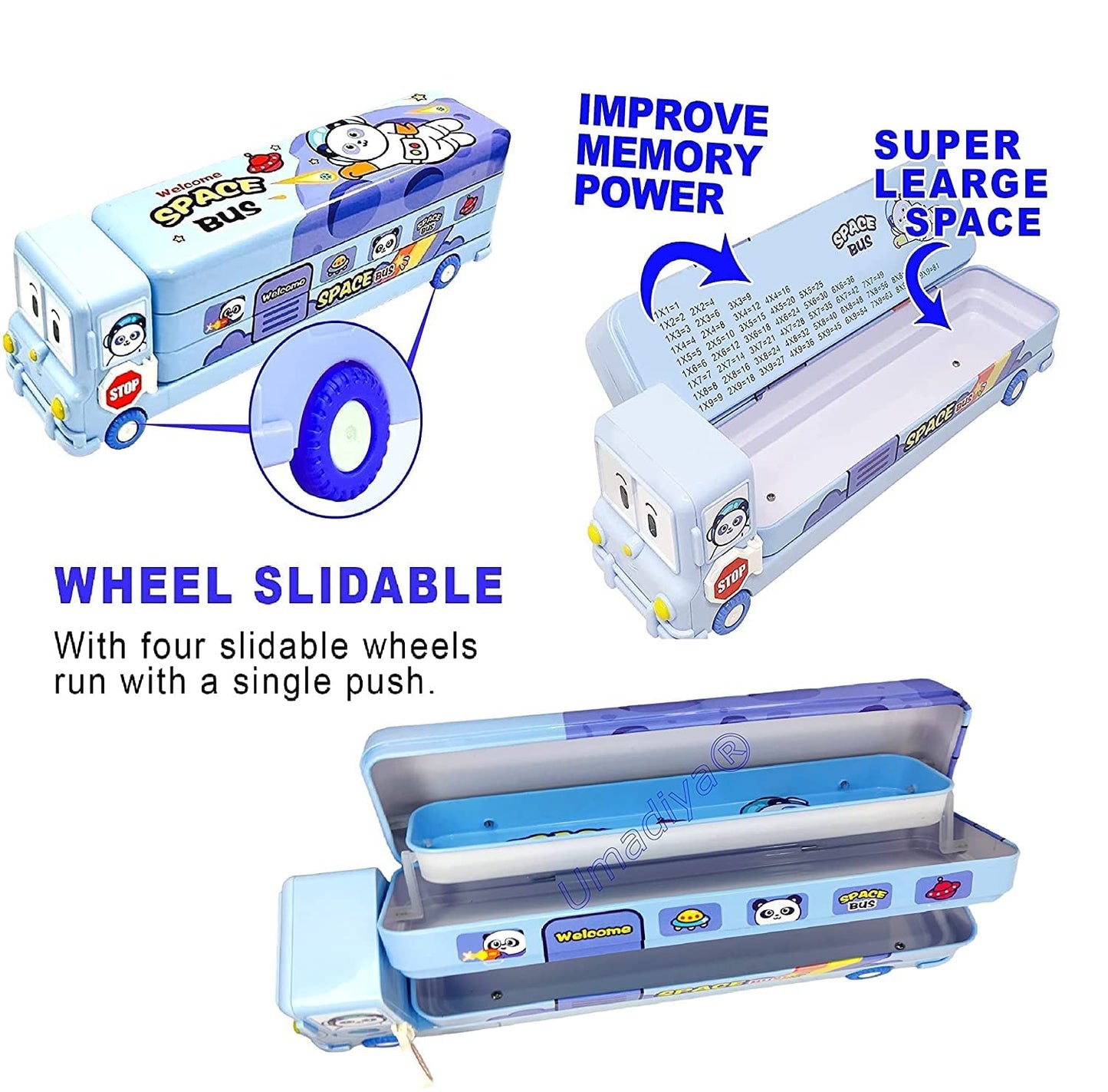 Kiddie Galaxia® Pencil Box Cartoon Printed School Bus Metal Double Decker Bus Shape Pencil Box for Kids with Moving Tyres & 3 Compartments Sharpener Geometry Case for Boys & Girls