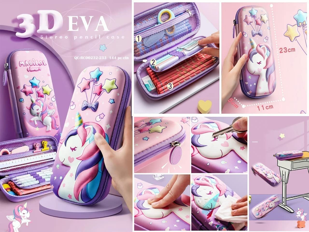 Sanghariyat® 3D Unicorn Pencil Case, Cute Large Capacity Pen Box for Girls, 3D EVA Stationery Box Pink Pencil Pouch Organizer with Compartments Cosmetic Zip Pouch Bag School Supplies for Kids Students