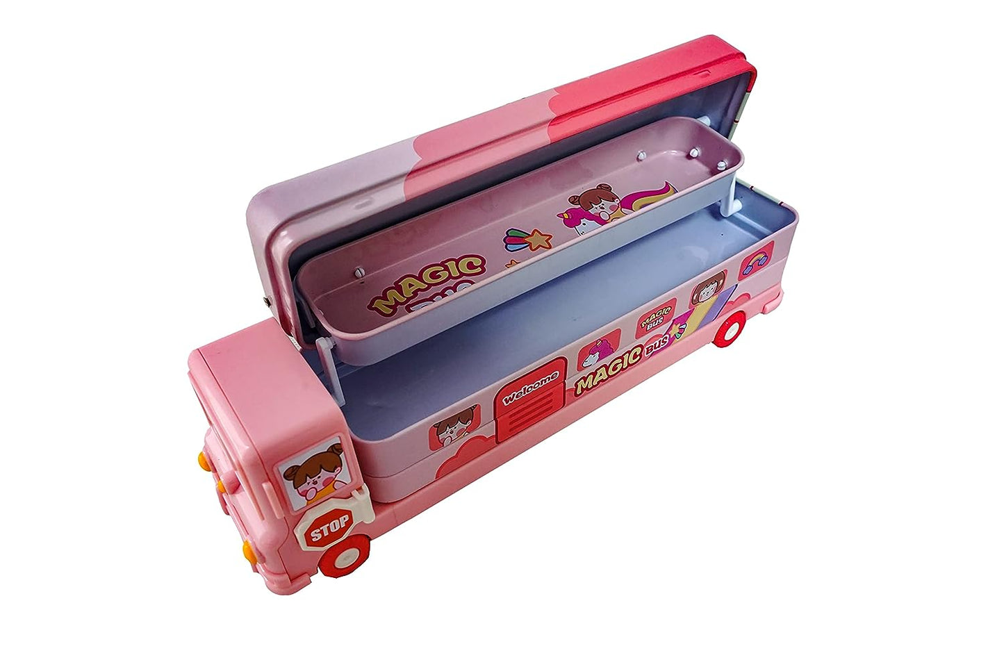 Roll over image to zoom in FUNVERSE® Compass Box for Kids - Magic Bus Shaped Compass Box for Kids with Wheels and Sharpener Metal - Pencil Pouch, Pencil Box for Kids (Pink)