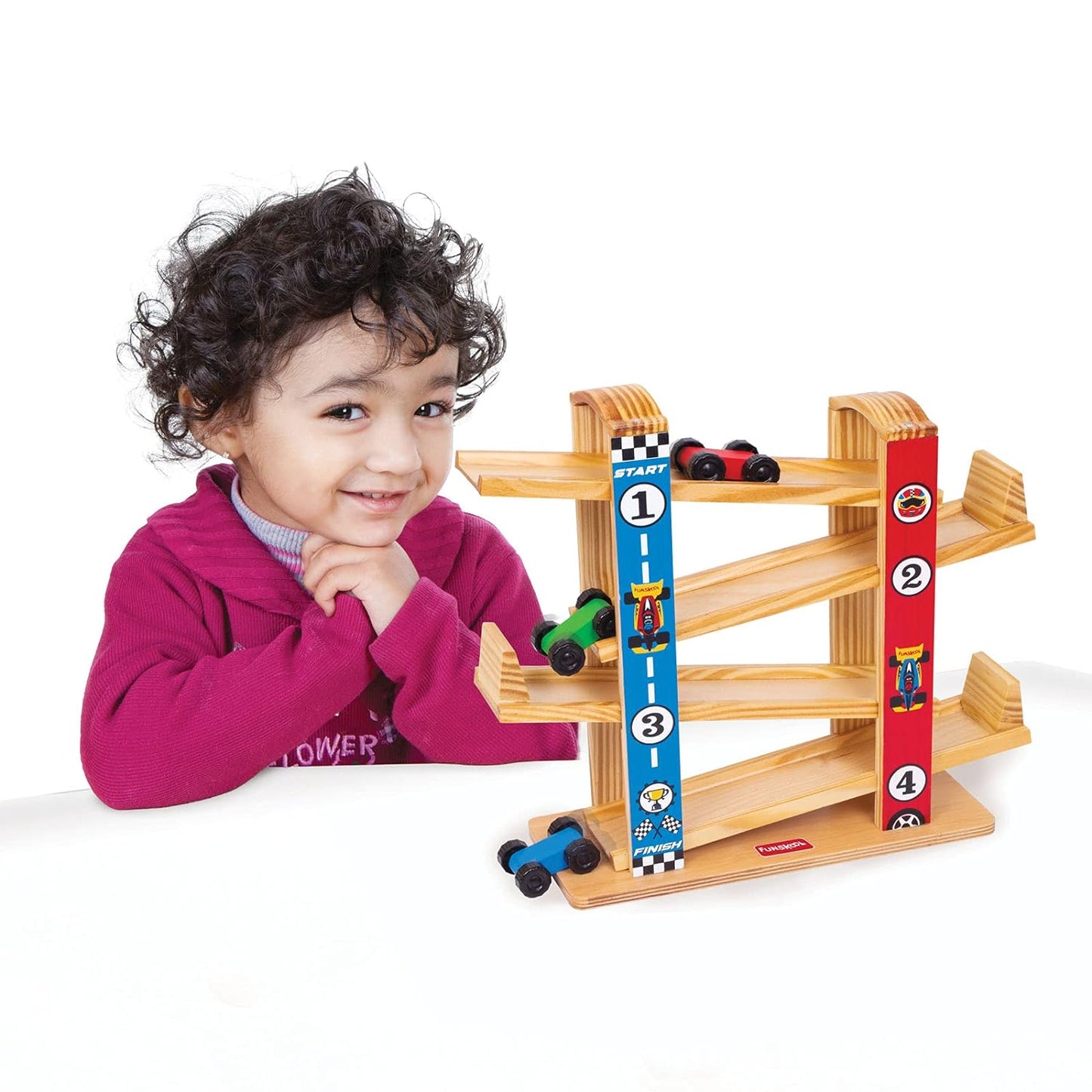 Funskool Giggles - Ramp Racer, Wooden Racing Toy with 3 Mini Cars, Fine Motor Skills, Free Wheeling Cars, 18 Months & Above, Preschool Toys