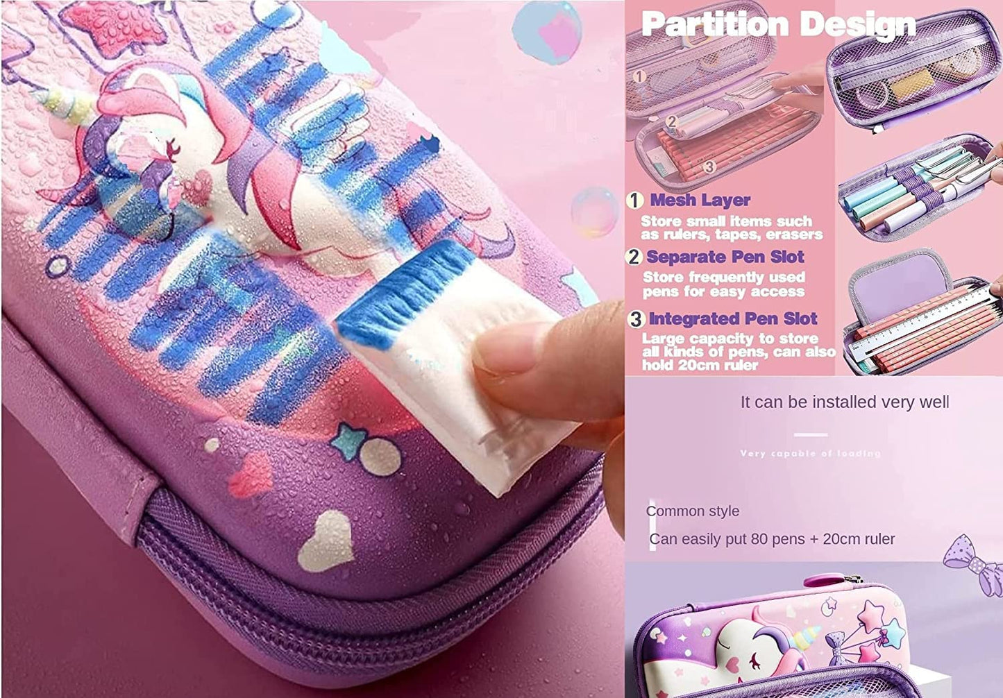 Sanghariyat® 3D Unicorn Pencil Case, Cute Large Capacity Pen Box for Girls, 3D EVA Stationery Box Pink Pencil Pouch Organizer with Compartments Cosmetic Zip Pouch Bag School Supplies for Kids Students