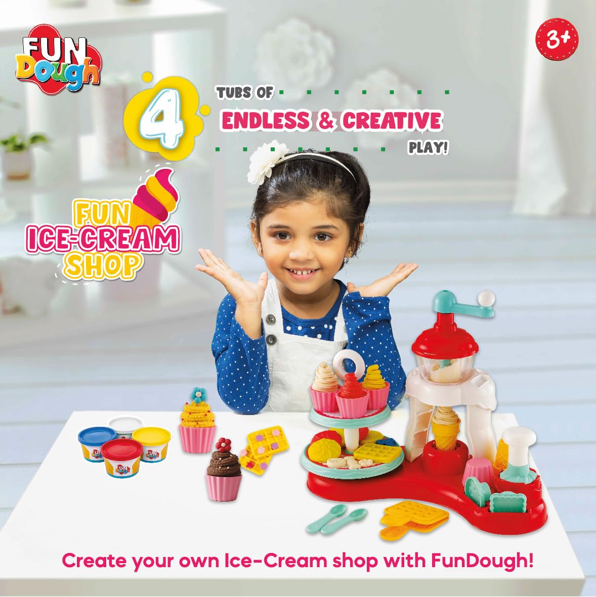 Fundough Funskool Playset Ice Cream Shop, Make ice-Cream with Colourful Fun Dough, molds and extruder, Multicolour, Dough, Toy, Shaping, Sculpting, 3 Years