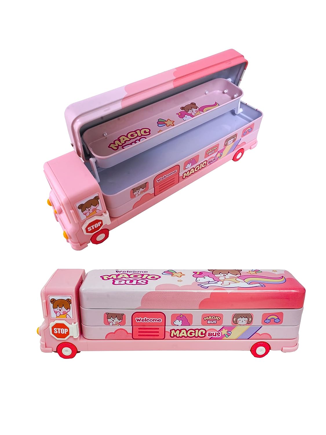 Roll over image to zoom in FUNVERSE® Compass Box for Kids - Magic Bus Shaped Compass Box for Kids with Wheels and Sharpener Metal - Pencil Pouch, Pencil Box for Kids (Pink)
