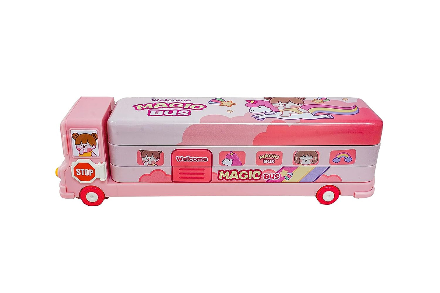 Roll over image to zoom in FUNVERSE® Compass Box for Kids - Magic Bus Shaped Compass Box for Kids with Wheels and Sharpener Metal - Pencil Pouch, Pencil Box for Kids (Pink)
