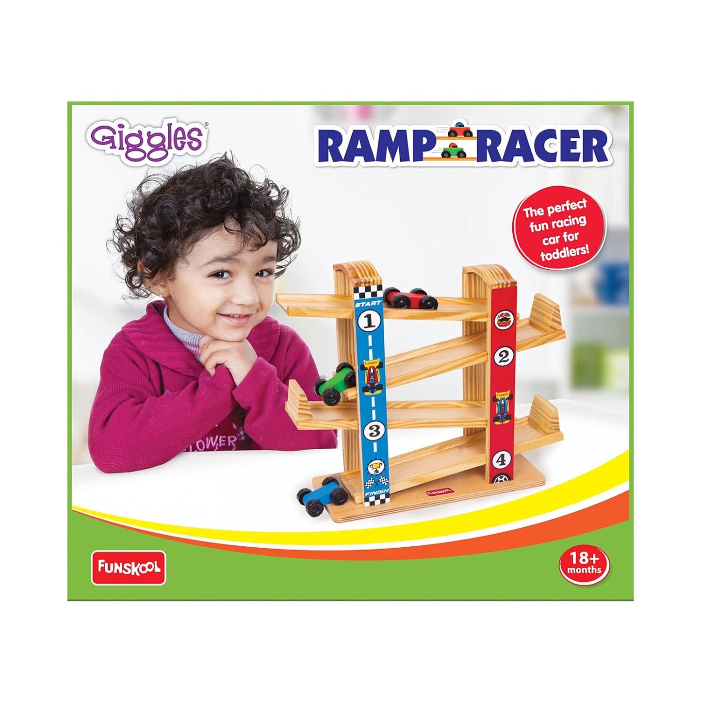 Funskool Giggles - Ramp Racer, Wooden Racing Toy with 3 Mini Cars, Fine Motor Skills, Free Wheeling Cars, 18 Months & Above, Preschool Toys