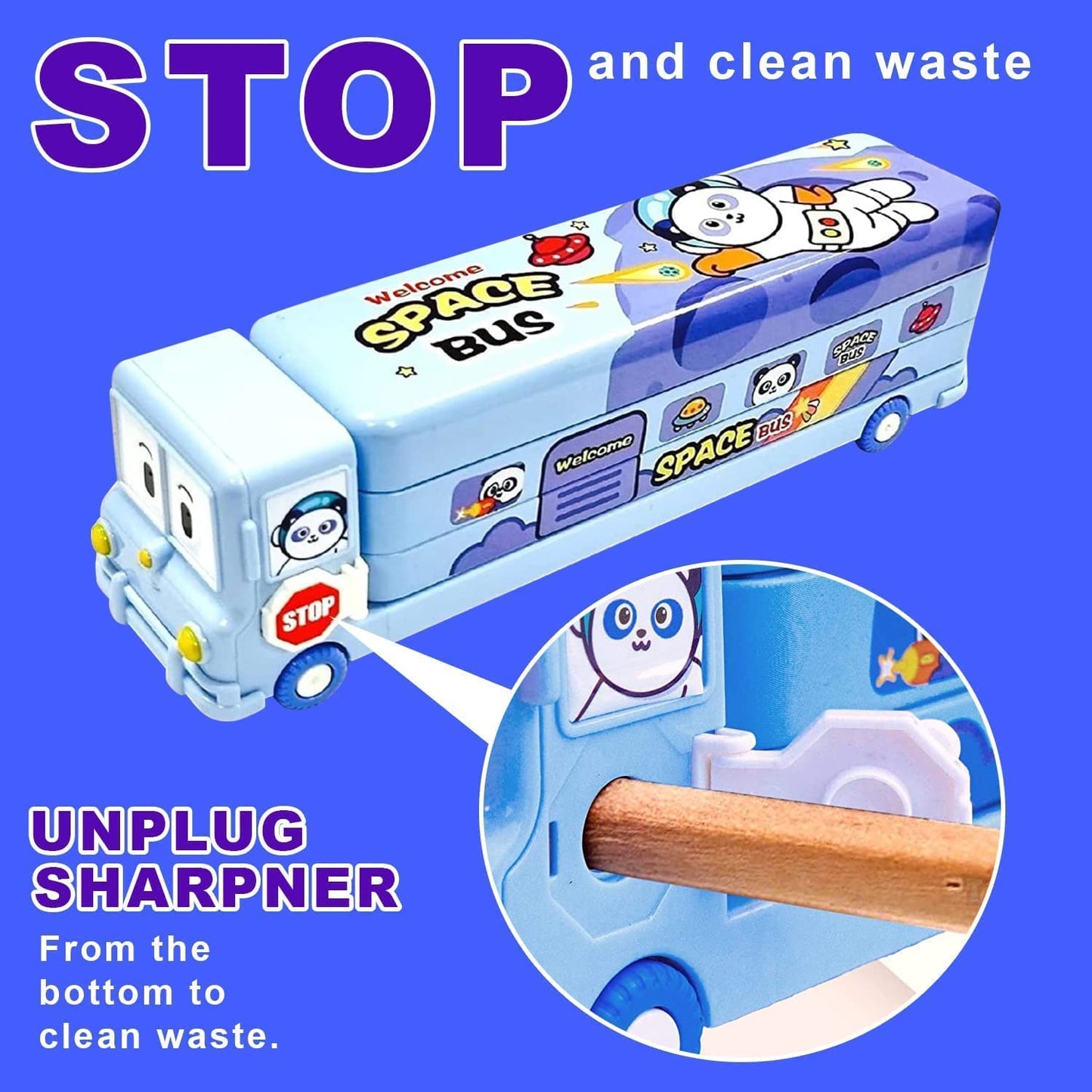 Kiddie Galaxia® Pencil Box Cartoon Printed School Bus Metal Double Decker Bus Shape Pencil Box for Kids with Moving Tyres & 3 Compartments Sharpener Geometry Case for Boys & Girls