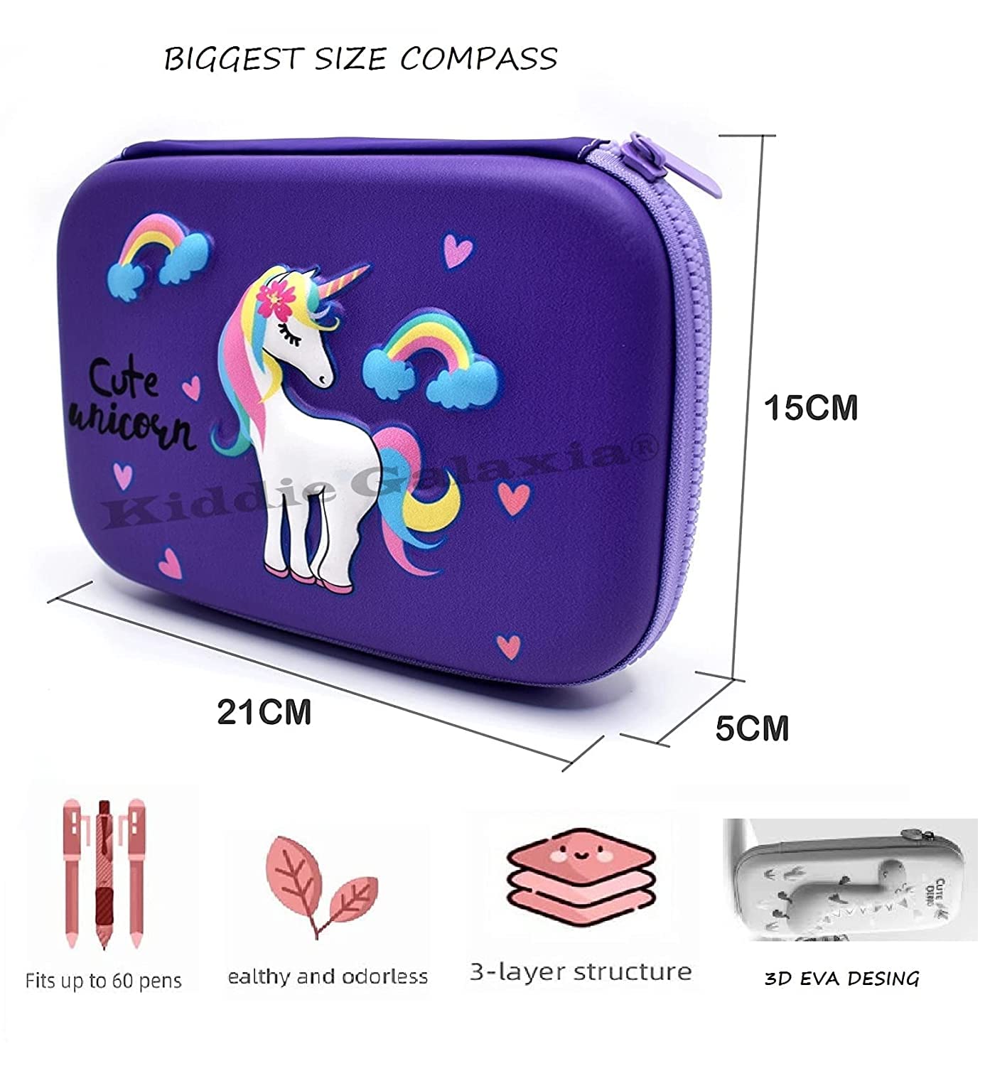 Kiddie Galaxia® Unicorn Pencil Case with Compartments 3D Cover School Supply for Students, Stationery Box,Unicorn Pencil Box New Kids Designer Cute Premium Stylish Multipurpose for Boys & Girls