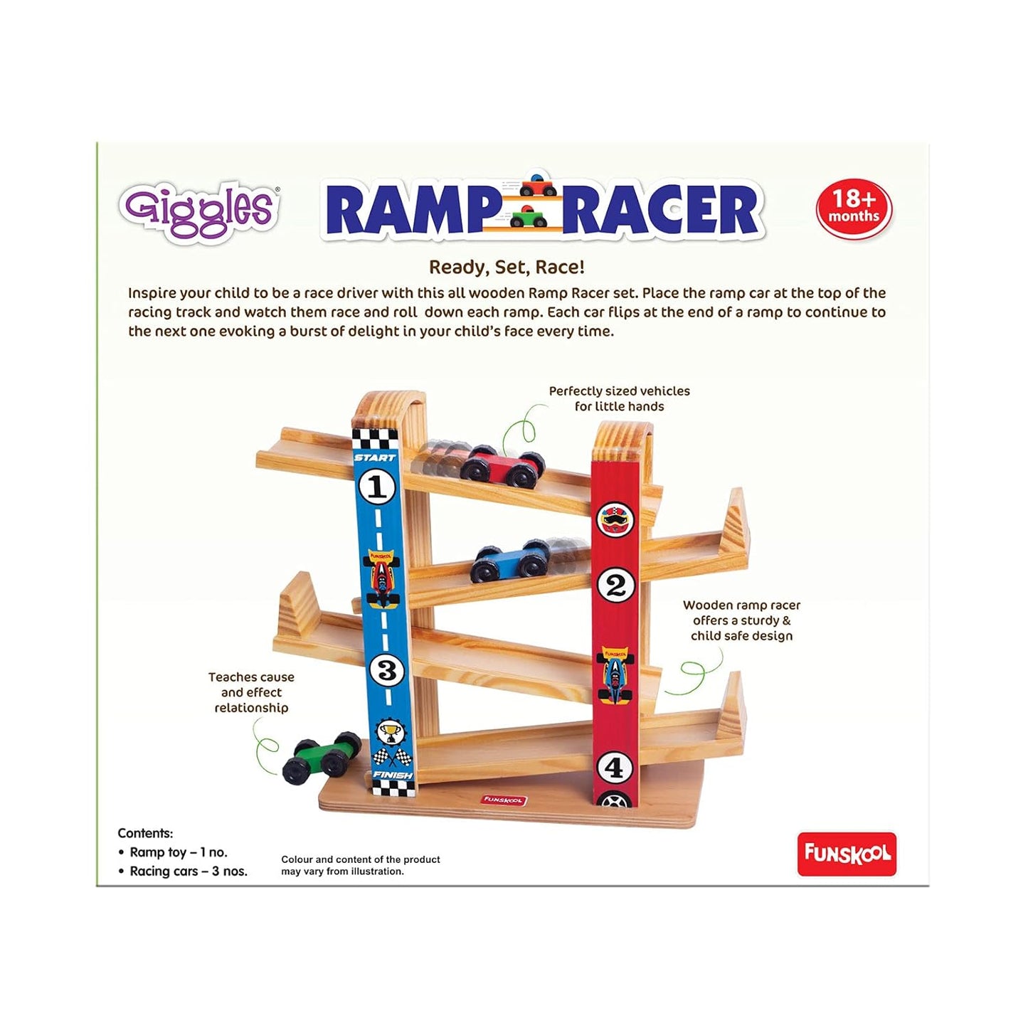 Funskool Giggles - Ramp Racer, Wooden Racing Toy with 3 Mini Cars, Fine Motor Skills, Free Wheeling Cars, 18 Months & Above, Preschool Toys