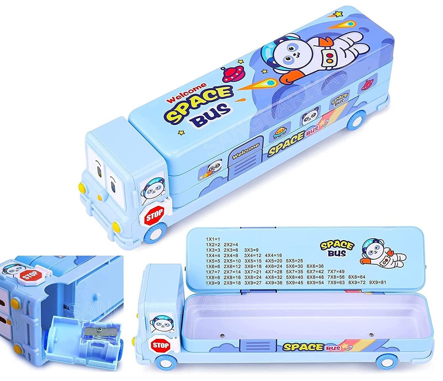 Kiddie Galaxia® Pencil Box Cartoon Printed School Bus Metal Double Decker Bus Shape Pencil Box for Kids with Moving Tyres & 3 Compartments Sharpener Geometry Case for Boys & Girls
