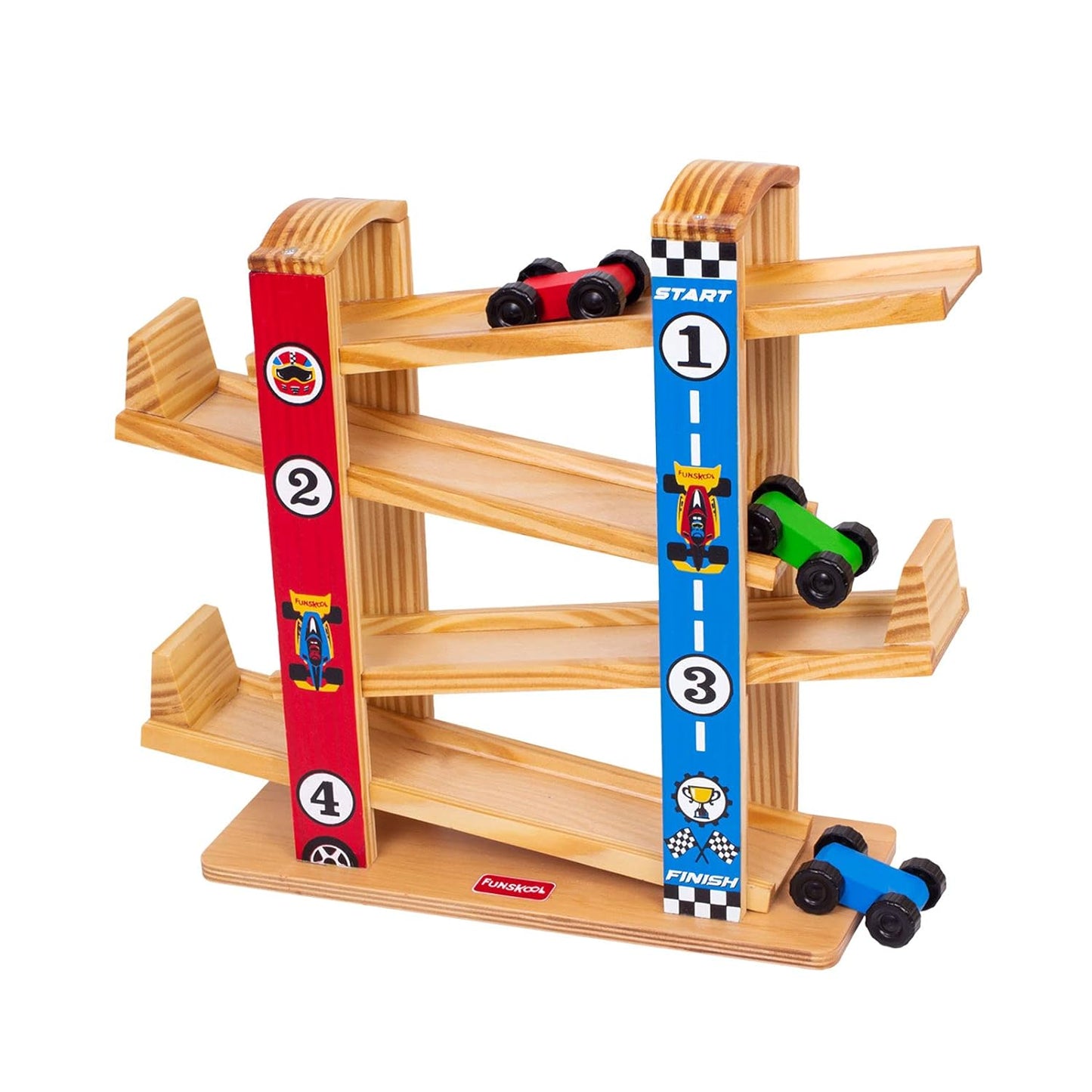 Funskool Giggles - Ramp Racer, Wooden Racing Toy with 3 Mini Cars, Fine Motor Skills, Free Wheeling Cars, 18 Months & Above, Preschool Toys