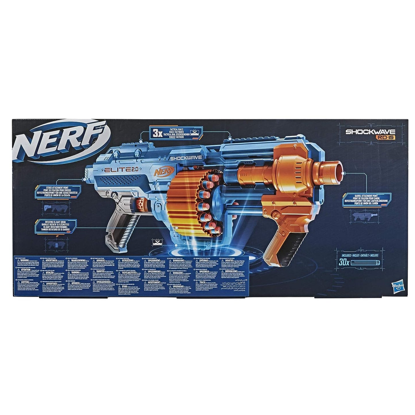 Nerf Elite 2.0 Shockwave RD-15 Toy Blaster, Official 30 Darts, 15-Dart Rotating Drum, Pump-Action, Toys for Kids, Teens, and Adults, Boys and Girls, Outdoor Toys, Multicolor