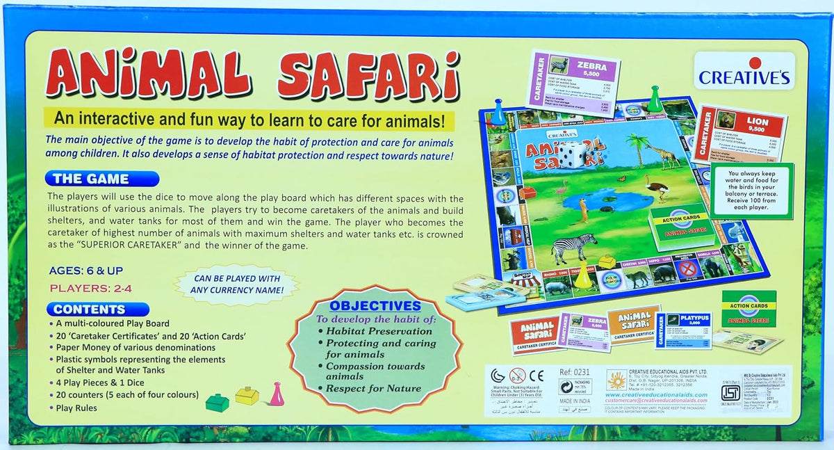 Creative's Animal Safari जानवरों की देखभाल करने के लिए सीखने का एक इंटरएक्टिव और मजेदार तरीका | प्रकृति के प्रति सम्मान जानने के लिए बोर्ड गेम | 2 से 4 खिलाड़ी 6 साल और यूपी के लिए इस बोर्ड गेम को खेल