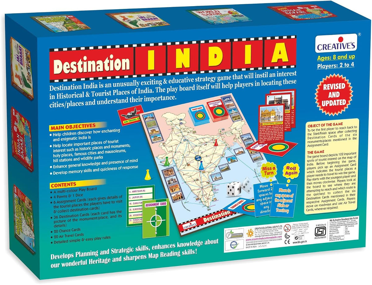 Creative's Destination India, Educational Board Games for Kids, India Geography, Monuments & Tourist Places Learning Game, Strategy Family Board Game with Destination Cards, 2-4 Players Ages 8+