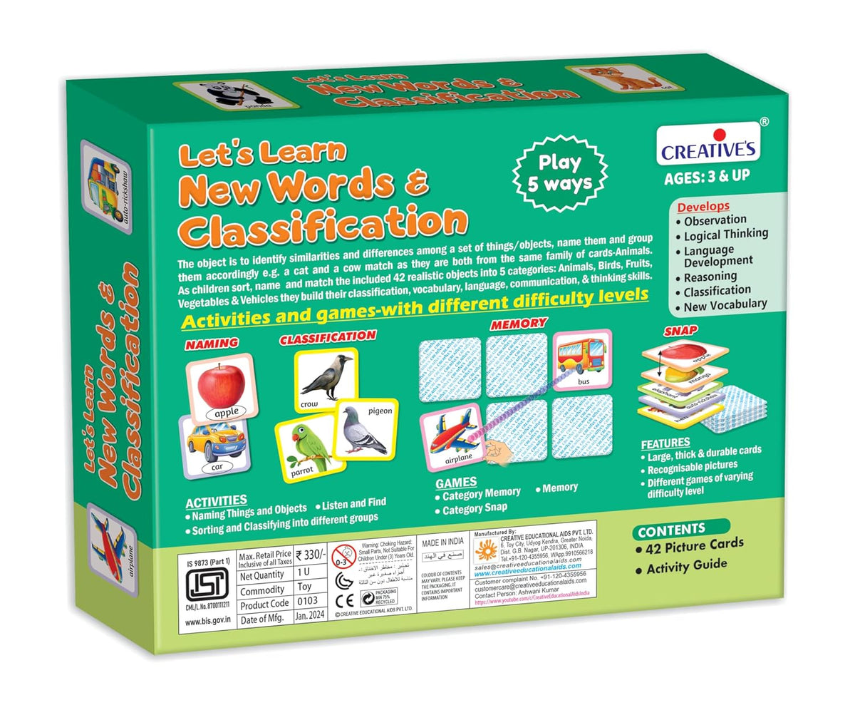Creative’s Let’s Learn New Words & Classification | Learning Cards Game for Kids | Name, Classification, Memory, Snap Cards Game | Educational Game for Kids | Ages 3 & Up