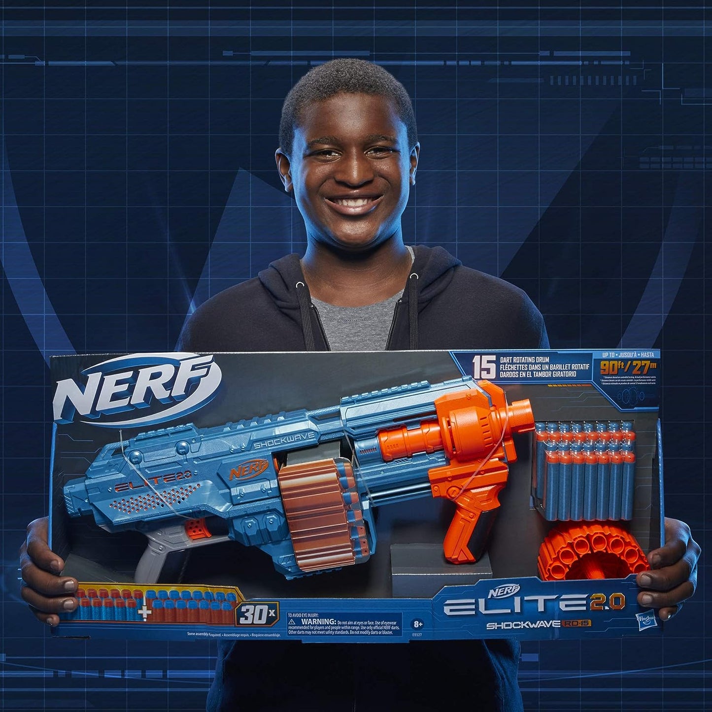 Nerf Elite 2.0 Shockwave RD-15 Toy Blaster, Official 30 Darts, 15-Dart Rotating Drum, Pump-Action, Toys for Kids, Teens, and Adults, Boys and Girls, Outdoor Toys, Multicolor
