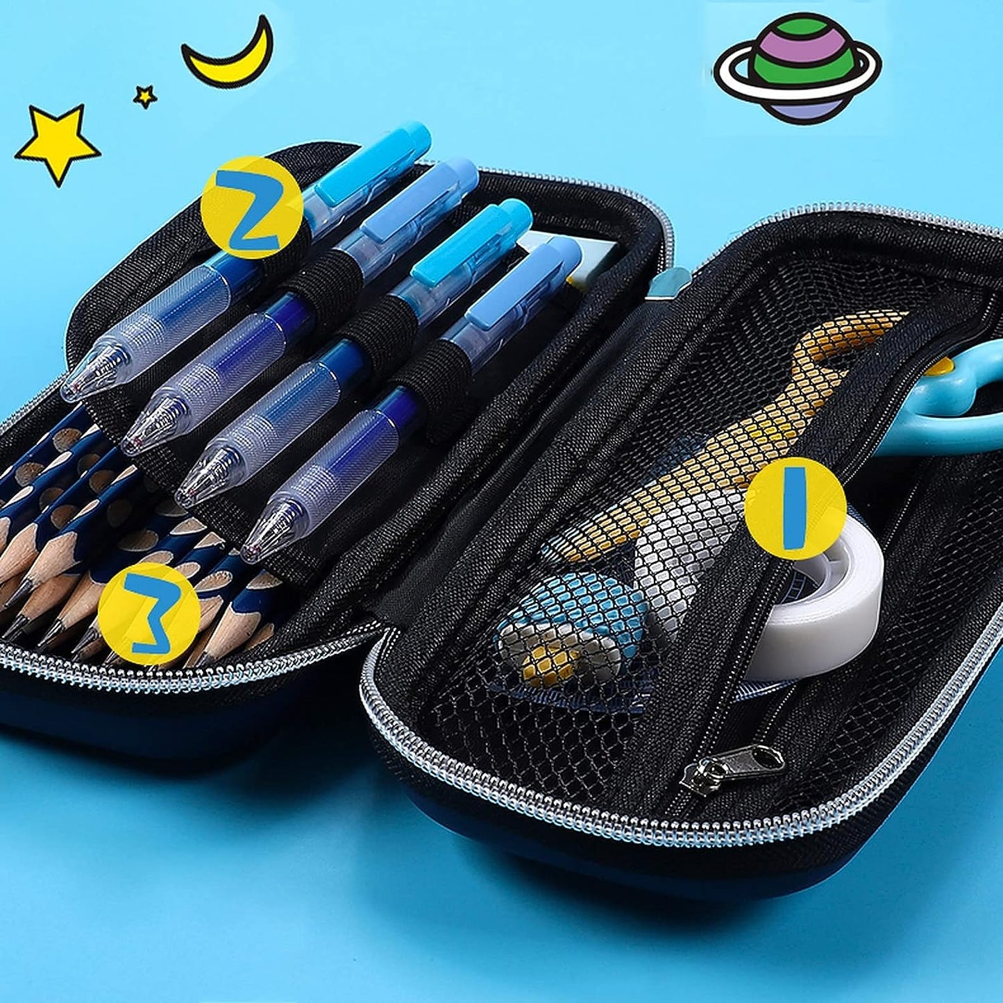 wolpin 1Pc 3D Pencil Case, Large Capacity Pencil Pouch Bag for Boys & Girls Students with Zip Closure Portable Stationery Bag Organizer EVA, Space Blue