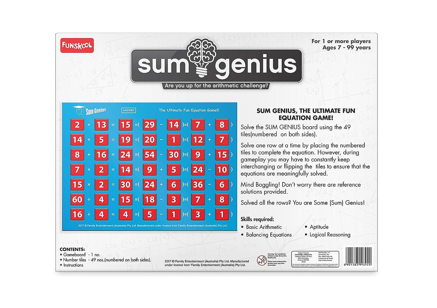 Funskool Games - Sum Genius, Educational Game for Children, Maths, The Ultimate Fun Equation Game, Kids and Family, 1+ Player, 7 & Above,Multicolor