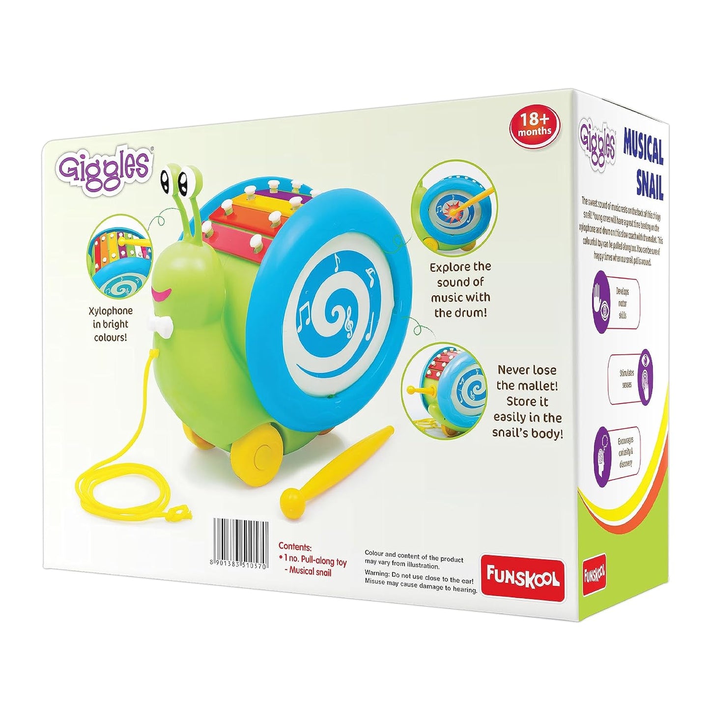 Giggles - 3 In 1 Pull Along Musical Snail, Xylophone, Drum And Walking Preschool Toys (12 Months & Above, Infant, Multicolour) (0 pieces)