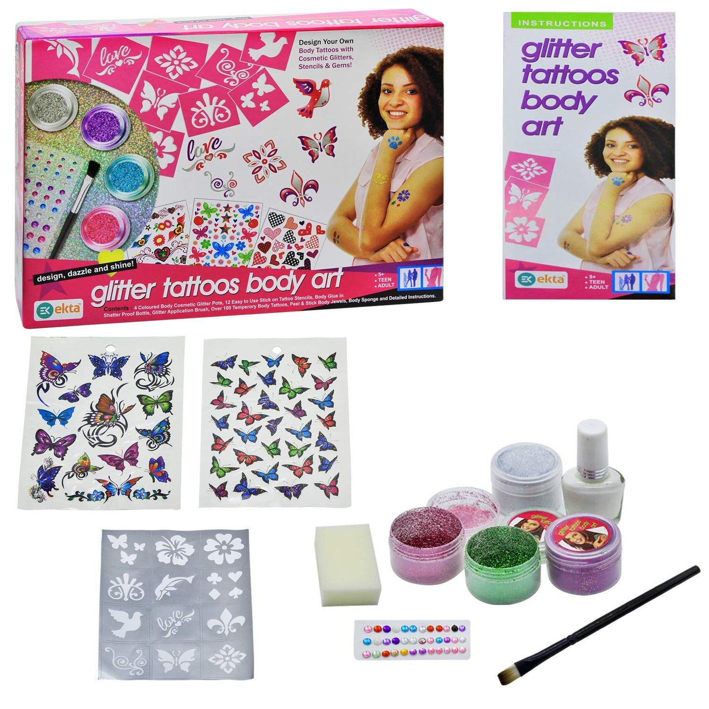 litter Tattoos Body Art Kit, with 100 Temporary Tattoos, Stencils, Cosmetic Glitter Pots, Body Jewels, for Teens and Adults