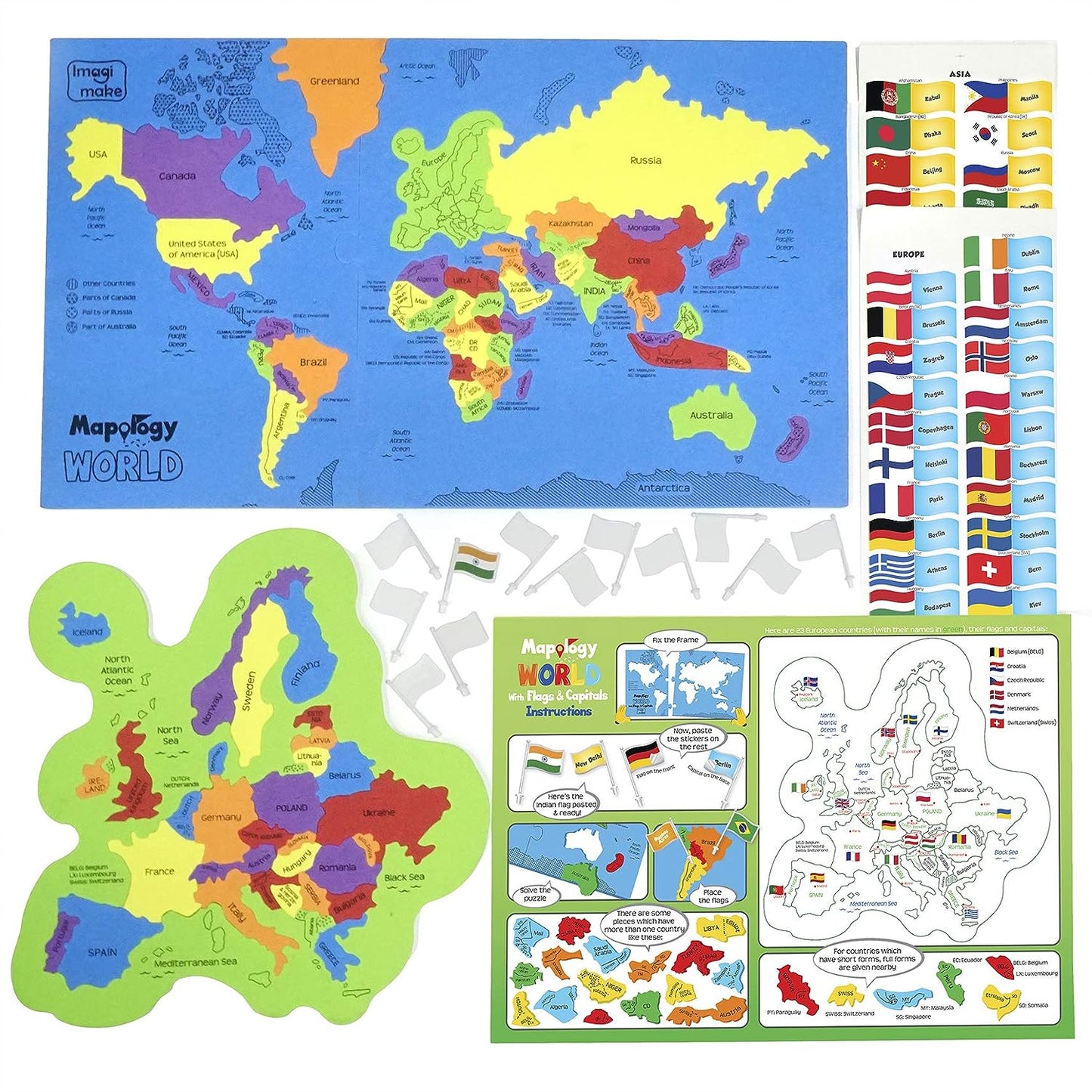 Imagimake: Mapology India and World Maps with Capitals - Learn Capitals and Country Flags - Educational Toy for Kids Above 5 Years, Multicolor