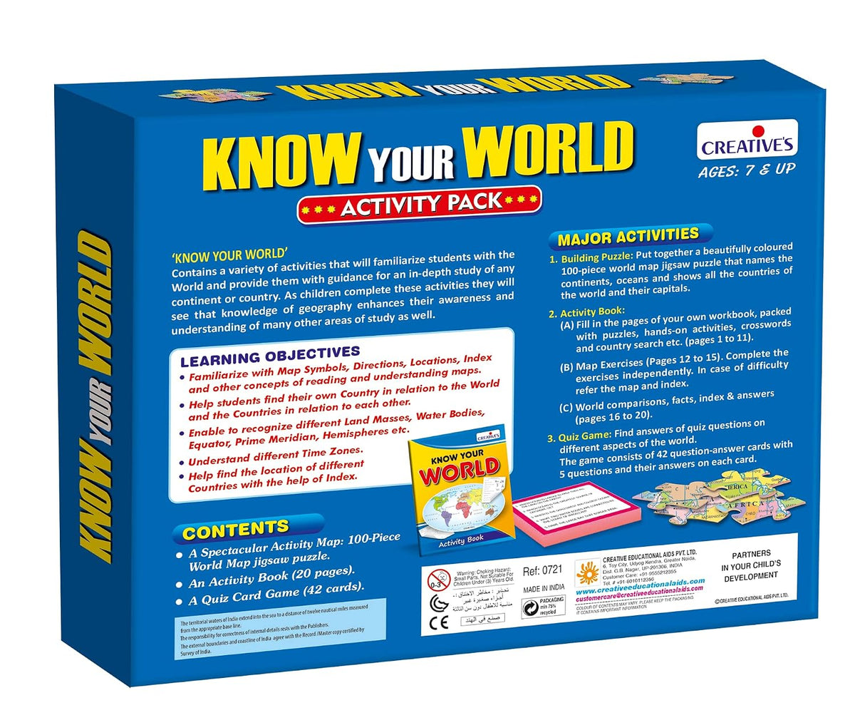 Creative's Know Your World Activity Pack, World Map 100 Piece Jigsaw Puzzles, Countries, Capitals, Continents & Oceans Learning Game, Educational Geography Quiz Games, for Kids Age 7+